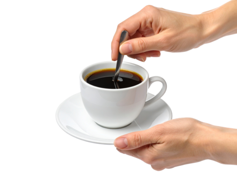 stirring a cup of coffee with a teaspoon, swirling motion visible