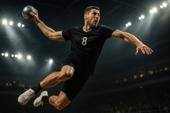 Photorealistic handball player captured mid-air during jump shot with visible tension and sweat under arena lights. Concept of explosive strength, focus, agility, and elite team sports competition.