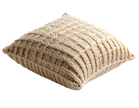  Beige Knit Accent Cushion with Chunky Weave, Side Leaning Composition on White