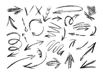 Hand drawn black arrows with curvy lines set. Dry brush strokes with grunge. Handwritten direction element isolated on white background. Pencil wavy pointers