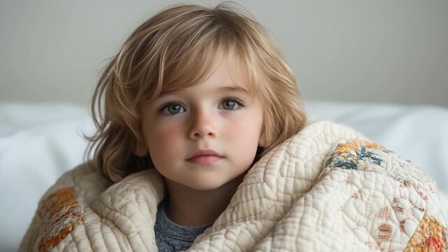 The Little Angel: A serene child gazes directly at the viewer, swathed in a cozy blanket. The image evokes a sense of comfort, innocence, and the simple beauty of childhood.