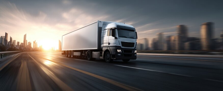 A powerful semi-truck speeds down a highway at sunset, delivering goods towards a distant cityscape under a dramatic sky.
