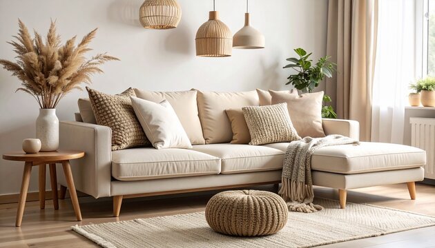 Modern sofa with neutral-toned decorative pillows in a cozy living room corner.