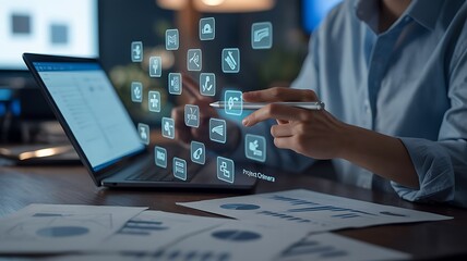 A business professional interacts with a futuristic augmented reality user interface. The concept of innovative software development, data management, and interactive virtual technology.