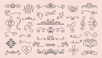 Vector set. Elegant line art flourishes and swirls on a light background. Decorative swirls and flourishes for design. Ornamental line art elements and flourishes. Hand drawn ornament vector set.