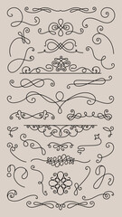 Vector set. Elegant decorative flourishes and swirls in black on a beige background. Swirls and flourishes for design embellishments and decorative accents. Hand drawn ornament vector set.