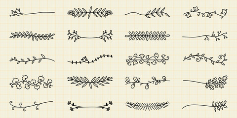 Vector set. Collection of hand-drawn floral dividers, featuring leaves and branches. Perfect for decorative borders, floral designs, and nature-themed projects. Hand drawn ornament vector set.