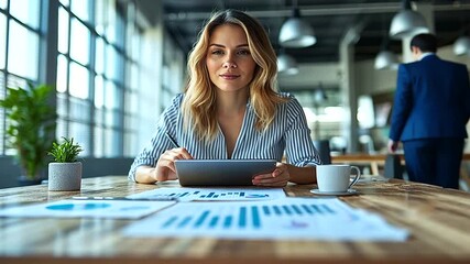 Confident businesswoman analyzing data on tablet in modern office setting - Powered by Adobe