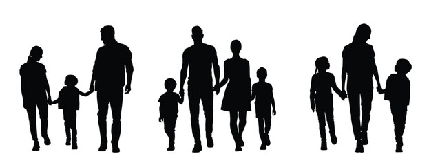 Silhouette of parents and children walking hand in hand, family group vector illustration, black silhouettes on white background, perfect for family care, parenting, community and social unity themes