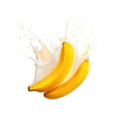 Fresh Yellow Bananas Splashing in Milk on Transparent Background