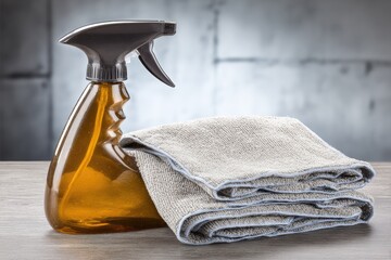 Amber spray bottle and gray microfiber cloths on a light brown surface against a gray background