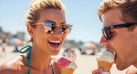 Happy woman and man eating ice cream cone on sunny beach. Couple enjoying summer vacation by ocean. Refreshing holiday moment.