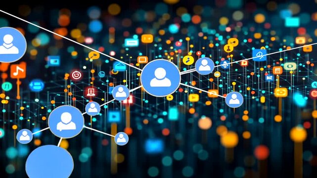 Connected people network concept with social media and technology icons online