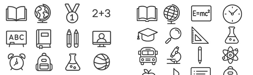 Education related icons featuring symbols of learning, achievement, and scientific exploration displayed in a structured format
