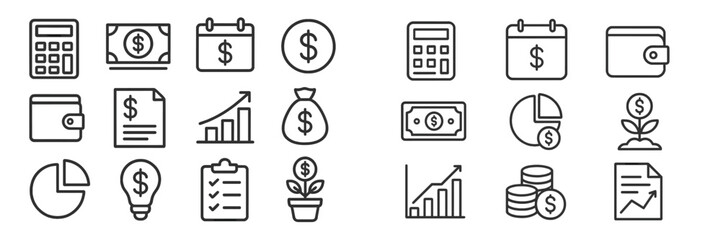 Financial symbols and icons representing budgeting, saving, and investing concepts