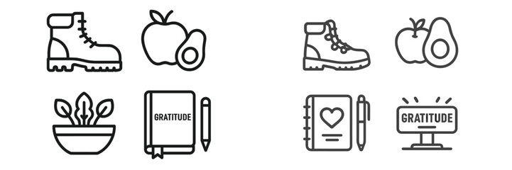 Footwear, fruits, and gratitude themes represented in minimalist icons for daily inspiration and self-care reminders