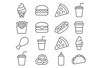 Delicious food icons featuring ice cream, burgers, pizza, and beverages in a playful grid layout