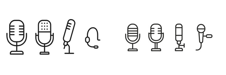 Variety of microphones on display showcasing different types and styles for audio recording and broadcasting purposes