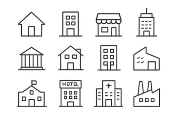 Different types of buildings showcased in a minimalist design format