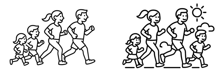 Family enjoys running together during a sunny day in the park, promoting health and togetherness