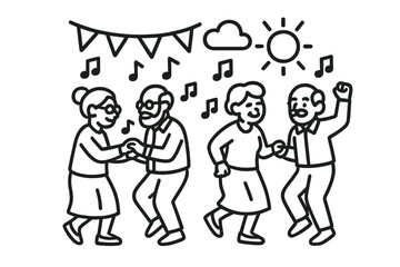 Seniors enjoying a dance party in a festive outdoor setting with music notes, decorations, and bright sun