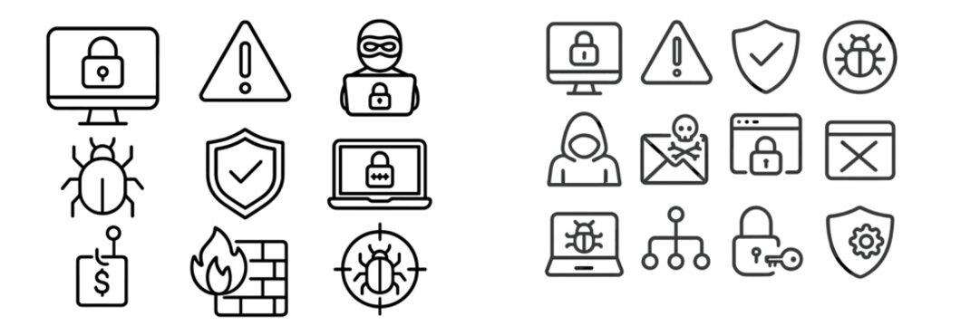 Cybersecurity icons representing online safety, threats, and protective measures in a digital environment