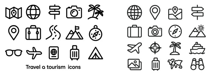 Travel icon set featuring symbols for tourism, adventure, and exploration