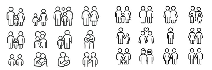 Collection of diverse family and friendship icons in simple line art design for various uses