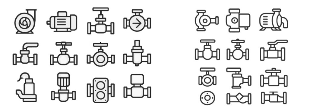 Various types of industrial flow control equipment illustrated in a clear and simplified manner showcasing different valves and pumps