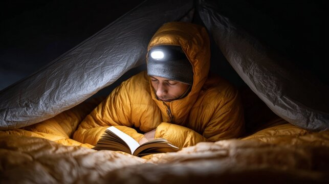 Young man wearing a headlamp reads a book inside a cozy tent at night, savoring a tranquil moment during a camping trip under the stars, surrounded by nature's beauty