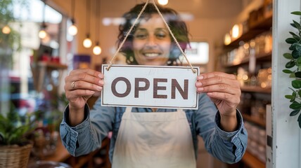 Smiling shop owner holding an open sign at the entrance of a small business with a welcoming interior
