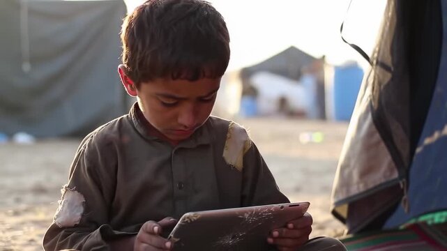Child using tablet in refugee camp