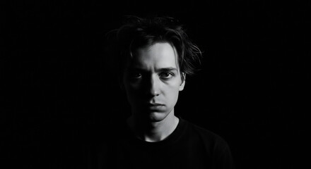 Naklejka premium Dramatic black and white portrait of a young man with an intense gaze. Chiaroscuro lighting creates a moody and mysterious atmosphere.