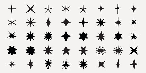 Collection of hand-drawn star icons. Various star designs in black and white. Simple star shapes, decorative star elements, and minimalist star illustrations. Element vector set.