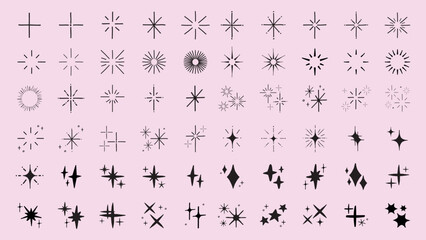 Collection of hand-drawn star icons. Various star designs in black and white. Simple star shapes, decorative star elements, and minimalist star illustrations. Element vector set.