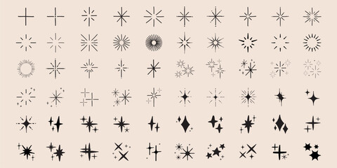Collection of hand-drawn star icons. Various star designs in black and white. Simple star shapes, decorative star elements, and minimalist star illustrations. Element vector set.