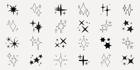 Collection of hand-drawn star icons. Various star designs in black and white. Simple star shapes, decorative star elements, and minimalist star illustrations. Element vector set.