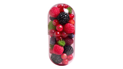 A transparent capsule filled with various berries, against a transparent background, viewed from the top, high-resolution photography, with high-quality details.