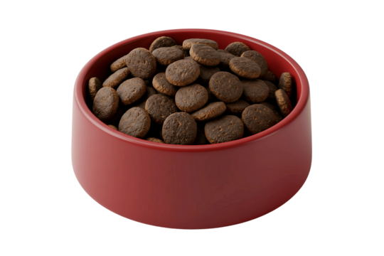 Red bowl filled with dark brown dog food pellets, isolated on transparent background for pet nutrition, animal care, and product