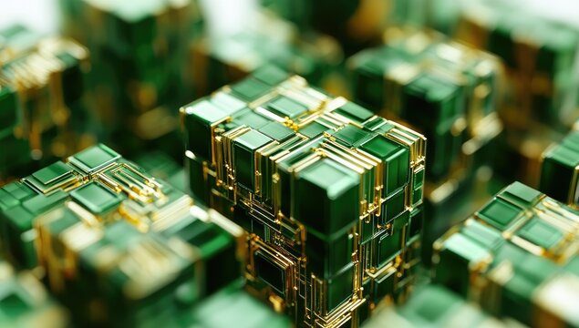 Close-up of emerald green cubes, interconnected by gold circuitry.  Abstract, futuristic, and highly detailed