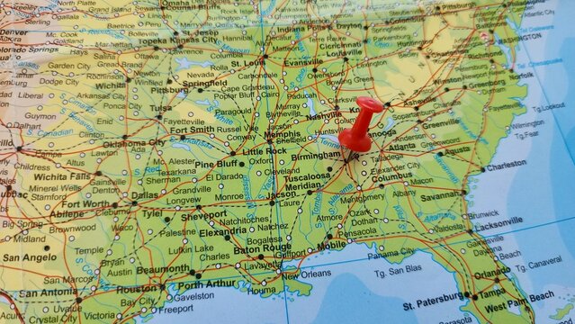 View of Birmingham, City in and county seat of Jefferson County, Alabama, United States, on a geographical map of America, marked with red push pin