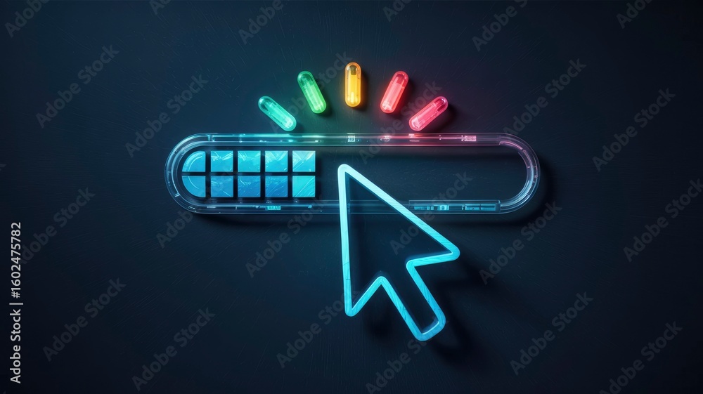Fototapete Neon Cursor Clicking on a Transparent Search Bar with Rainbow Loading Progress