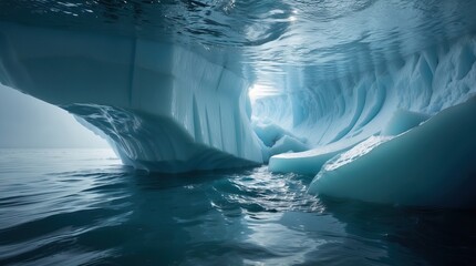 Underwater view of the underside of an iceberg with reflections in calm water