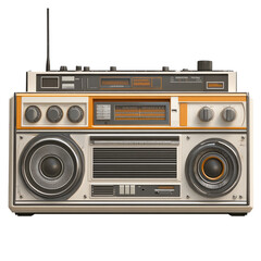 Retro boombox, cream and orange colors, vintage style.  80s aesthetic, classic stereo, audio device.  Boxy shape with knobs, speakers.  Digital illustration