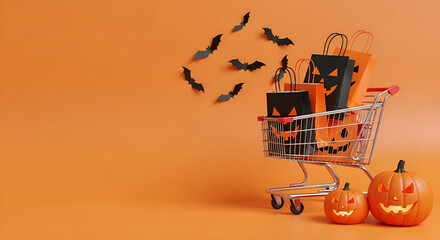 Halloween shopping cart full of jack-o’-lantern bags with pumpkins and flying bats on orange background — perfect for spooky sales, banners, or autumn ads.