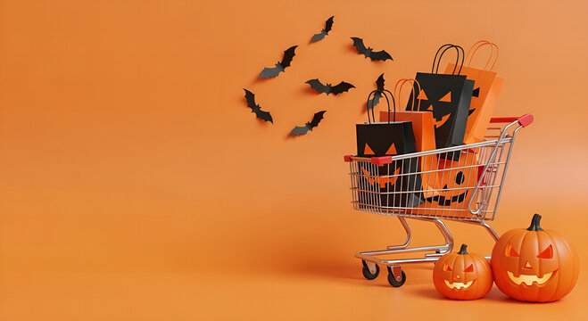 Halloween shopping cart full of jack-o’-lantern bags with pumpkins and flying bats on orange background — perfect for spooky sales, banners, or autumn ads.