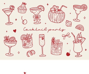 Hand drawn cocktail party clipart set. Trendy outline illustrations of summer drinks, glasses and fruit in doodle style. Feminine party aesthetics.
