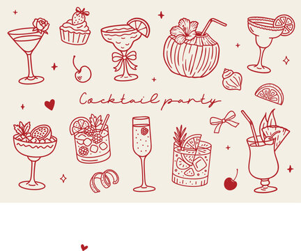 Hand drawn cocktail party clipart set. Trendy outline illustrations of summer drinks, glasses and fruit in doodle style. Feminine party aesthetics.