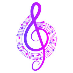 Music notes circle with treble clef, colorful round musical pattern, vector illustration.