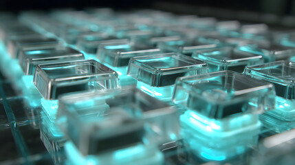 Close-up of a glowing keyboard with clear keycaps illuminated with a soft, cool, blue light, creating a modern and futuristic aesthetic.
